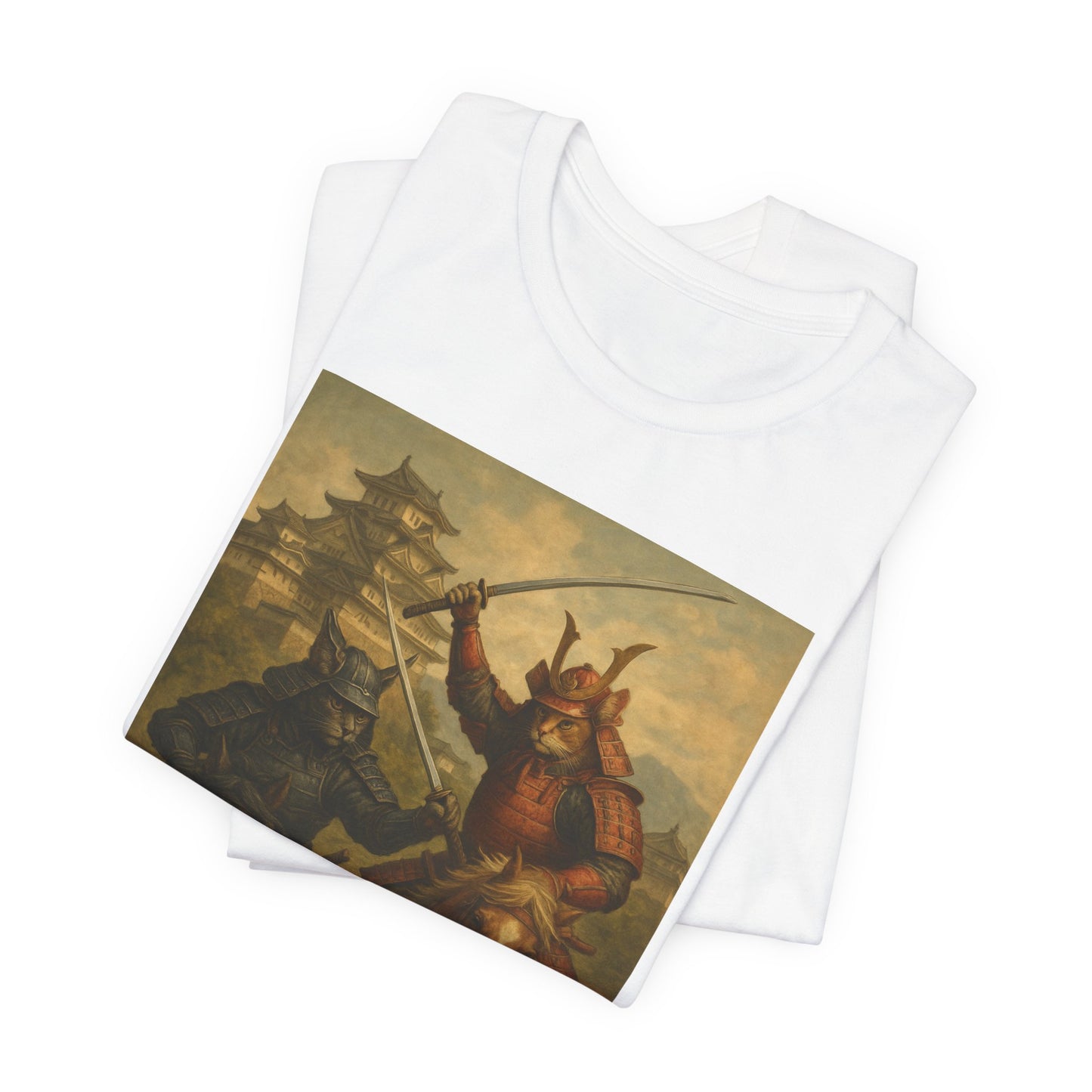 Epic Cat Samurai Battle Tee - War Horses Clash in Front of Japanese Castle  Feline Warrior Art Shirt for Fantasy & Japan Lovers