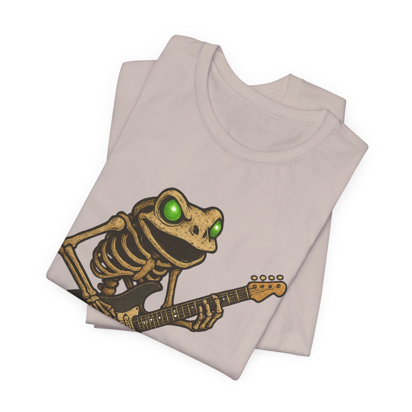 Skeleton Frog Shredding Electric Guitar Tee - Glowing Green Eyes Rock Art Shirt for Musicians Frog Lovers and Gothic Punk Style