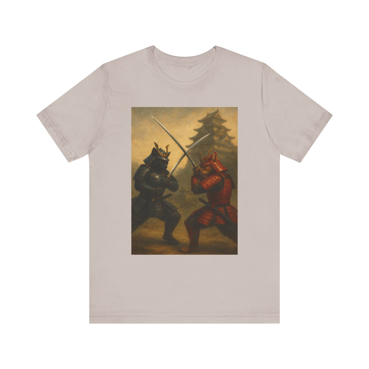 Epic Cat Samurai Battle Tee - War Horses Clash in Front of Japanese Castle  Feline Warrior Art Shirt for Fantasy & Japan Lovers