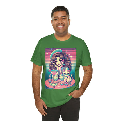 Retro Girl and Cat Graphic Tee Vaporwave Pastel Aesthetic Cocktail Lounge 80s Inspired Shoujo Style T Shirt Gift for Daughter or Dad