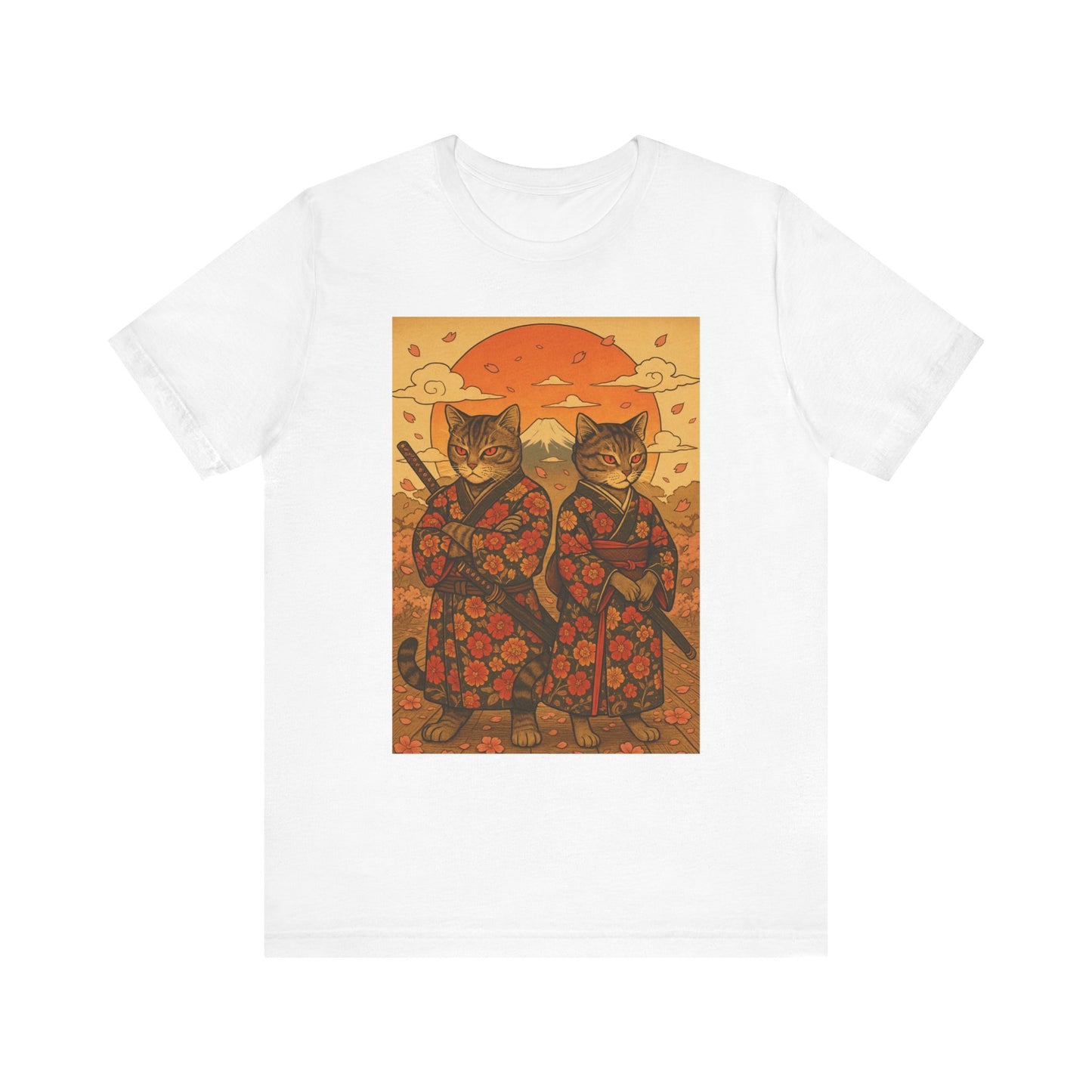 Samurai Cat T-Shirt - Floral Kimono Warrior with Katana | Japanese Ukiyo-e Style, Cherry Blossoms & Mount Fuji | Bold Cat Art Tee