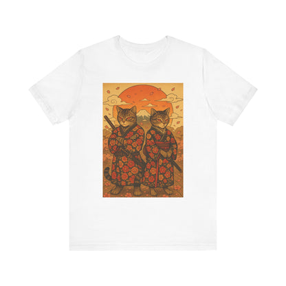 Samurai Cat T-Shirt - Floral Kimono Warrior with Katana | Japanese Ukiyo-e Style, Cherry Blossoms & Mount Fuji | Bold Cat Art Tee
