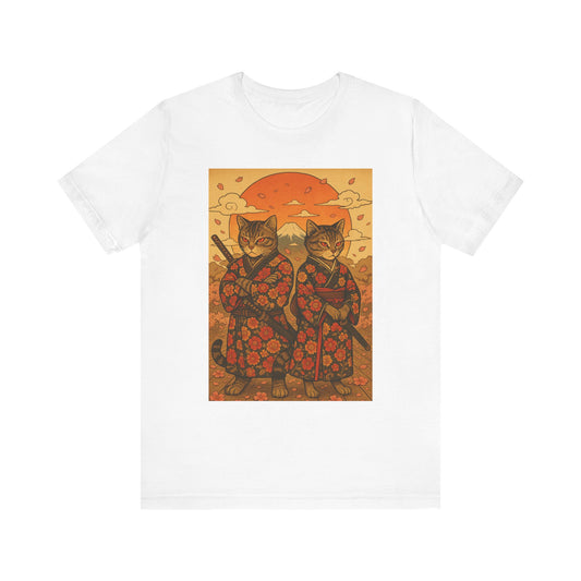 Samurai Cat T-Shirt - Floral Kimono Warrior with Katana | Japanese Ukiyo-e Style, Cherry Blossoms & Mount Fuji | Bold Cat Art Tee