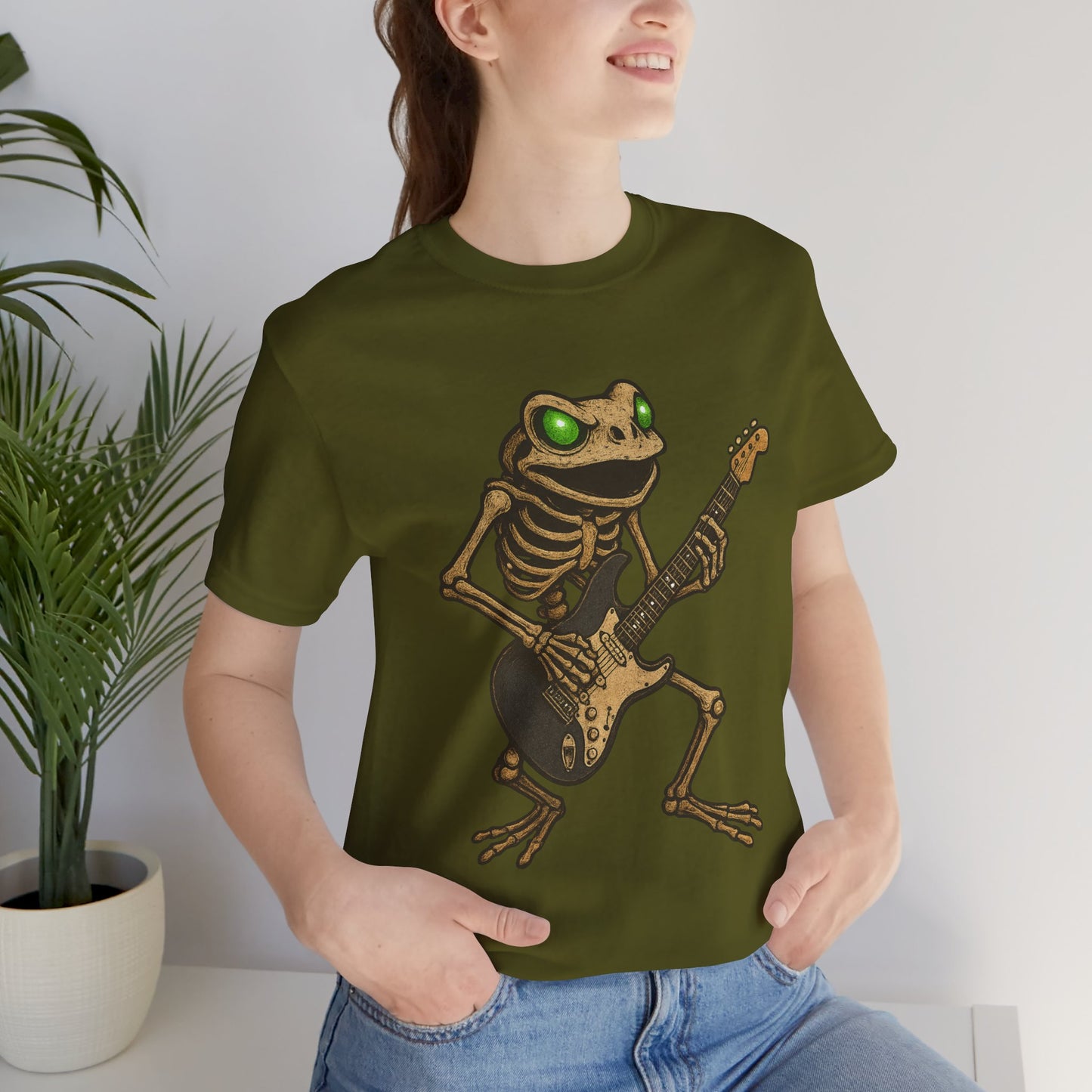 Skeleton Frog Shredding Electric Guitar Tee - Glowing Green Eyes Rock Art Shirt for Musicians Frog Lovers and Gothic Punk Style
