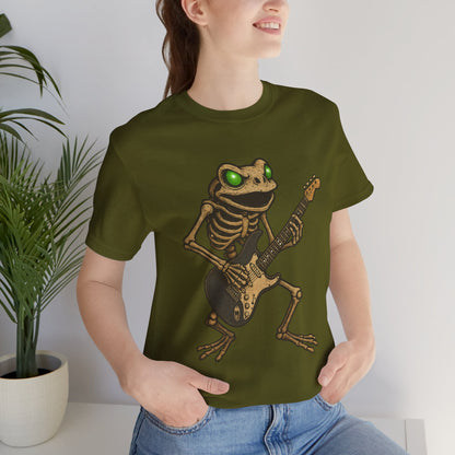 Skeleton Frog Shredding Electric Guitar Tee - Glowing Green Eyes Rock Art Shirt for Musicians Frog Lovers and Gothic Punk Style