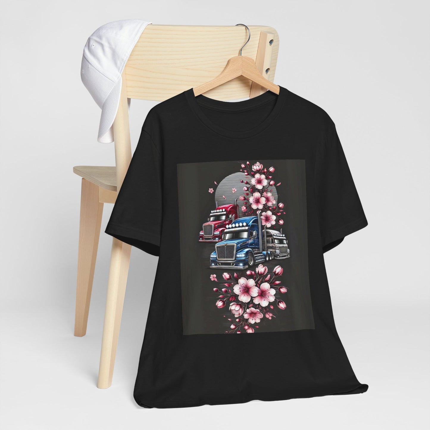 Cherry Blossom Convoy T-Shirt | Japanese Sakura x Modern Truck Art | Unique Graphic Tee for Drivers & Streetwear Lovers No.005