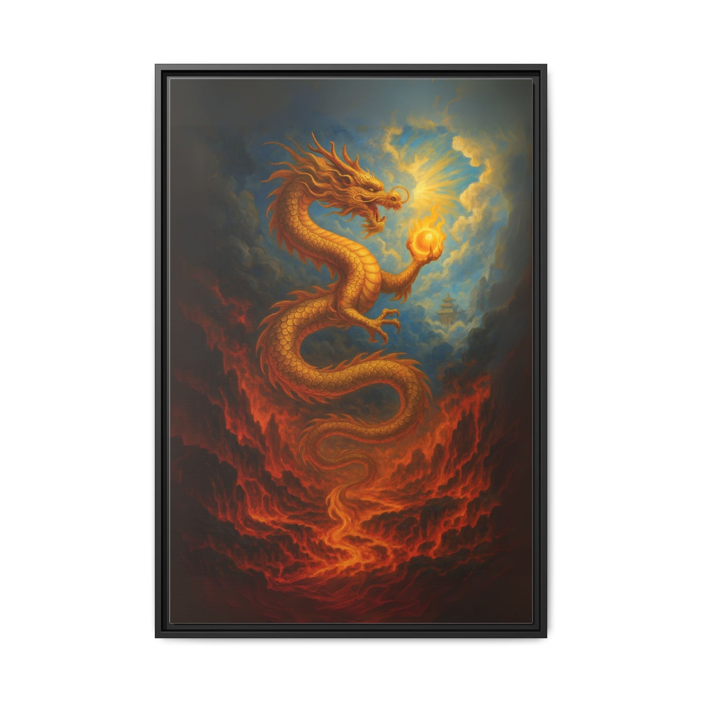 Golden Dragon Canvas Feng Shui Wall Art Asian Myth Painting Fire and Cloud Temple Inspired Good Luck Decor Gift for Dad