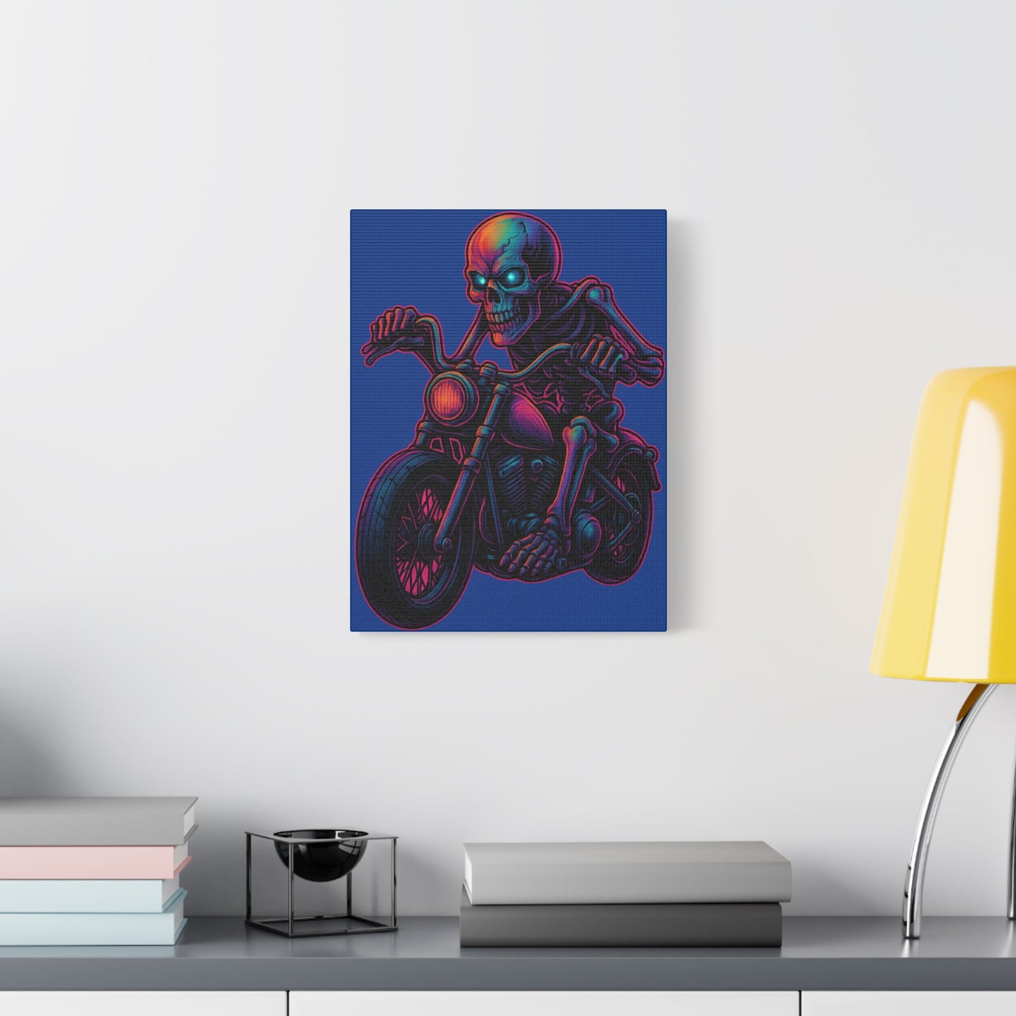 Skull Biker Canvas Neon Chopper Rider Motorcycle Wall Art Skeleton Cruiser Poster Style Garage Man Cave Decor Gift for Dad
