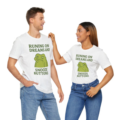Running on Dreams and Snooze Buttons Shirt Sleepy Frog Tee Funny Night Owl Top Great Dad Gift Cozy Loungewear Aesthetic