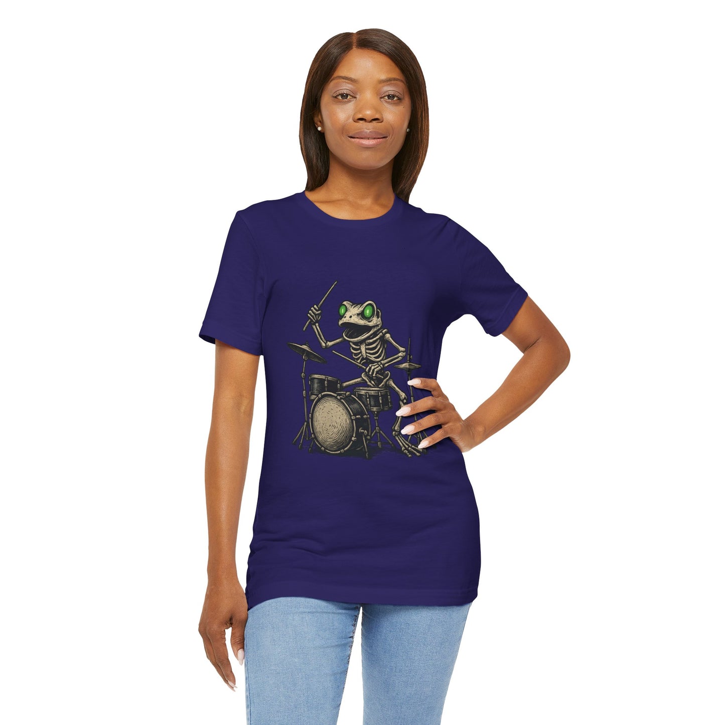 Skeleton Frog Drummer Shirt with Glowing Green Eyes Rock Band Art Tee for Musicians Frog Lovers Halloween and Concert Wear