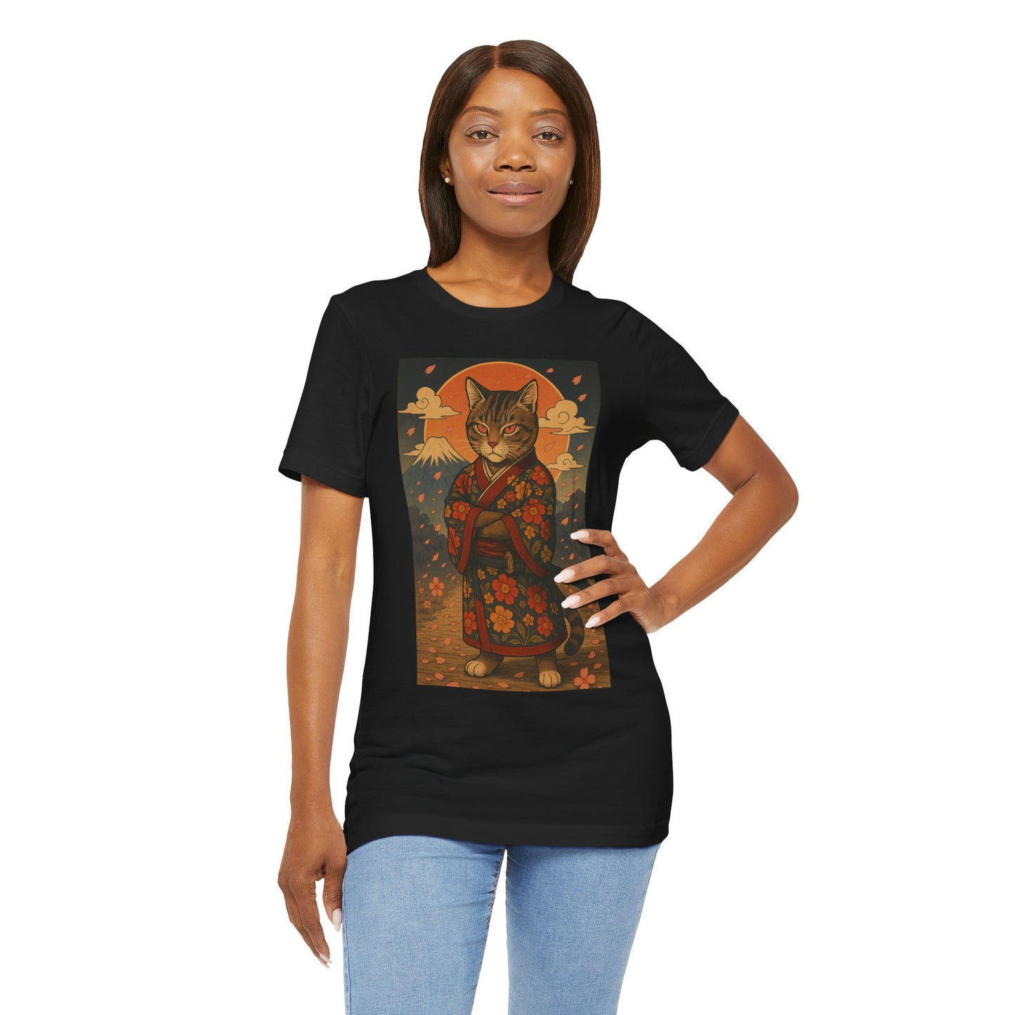 Samurai Cat T-Shirt - Floral Kimono Warrior with Katana | Japanese Ukiyo-e Style, Cherry Blossoms & Mount Fuji | Bold Cat Art Tee