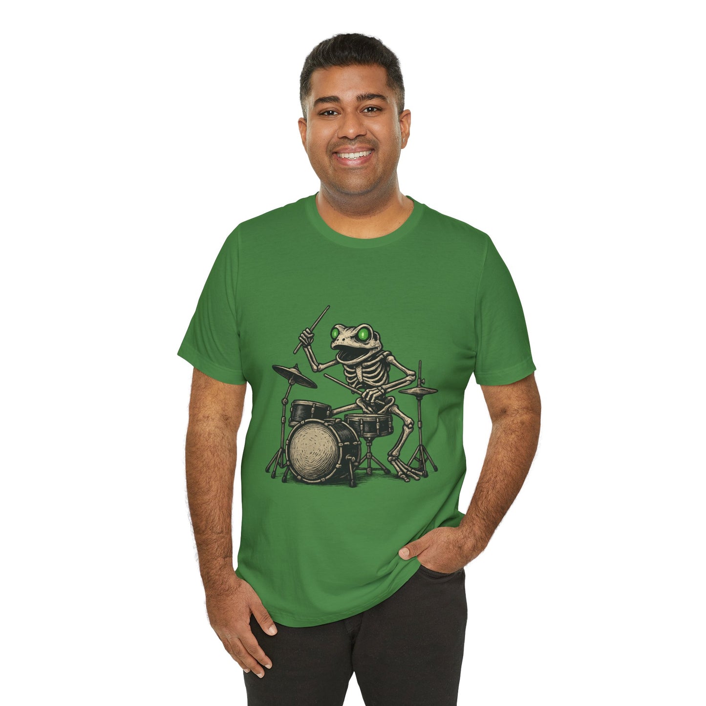 Skeleton Frog Drummer Shirt with Glowing Green Eyes Rock Band Art Tee for Musicians Frog Lovers Halloween and Concert Wear