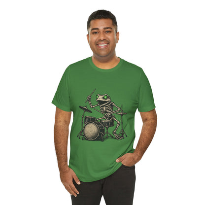 Skeleton Frog Drummer Shirt with Glowing Green Eyes Rock Band Art Tee for Musicians Frog Lovers Halloween and Concert Wear