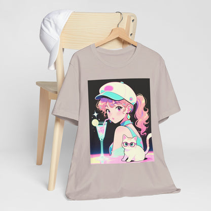 Retro Girl and Cat T Shirt Vaporwave Pastel Anime Shoujo Graphic Tee Neon Cocktail Aesthetic Kawaii Gift for Daughter or Dad Casual Streetwear