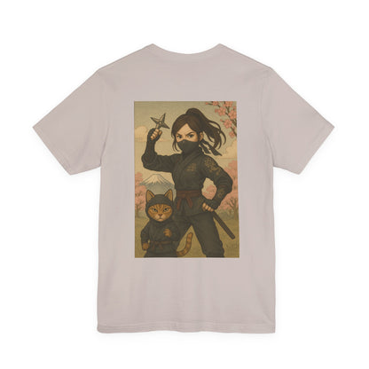 Ninja and Cat T-Shirt - Female Ninja in Black Outfit with Shuriken-Japanese Samurai Style, Mount Fuji, Cherry Blossoms-Cool Unisex Anime Tee