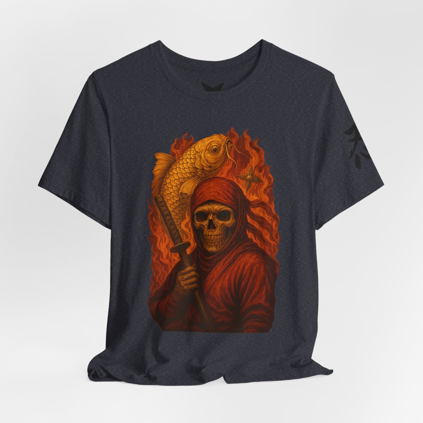i, High-Detail Gothic Warrior TeDark Red Ninja Skull T-Shirt-Japanese Horror Art, Skeleton Ninja with Golden Koe, Unisex Streetwear