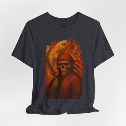 i, High-Detail Gothic Warrior TeDark Red Ninja Skull T-Shirt-Japanese Horror Art, Skeleton Ninja with Golden Koe, Unisex Streetwear