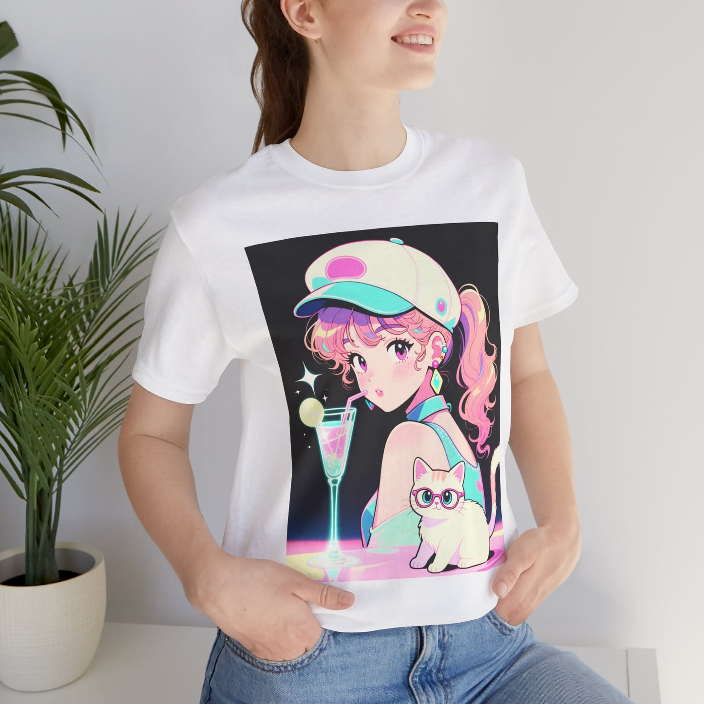Retro Girl and Cat T Shirt Vaporwave Pastel Anime Shoujo Graphic Tee Neon Cocktail Aesthetic Kawaii Gift for Daughter or Dad Casual Streetwear