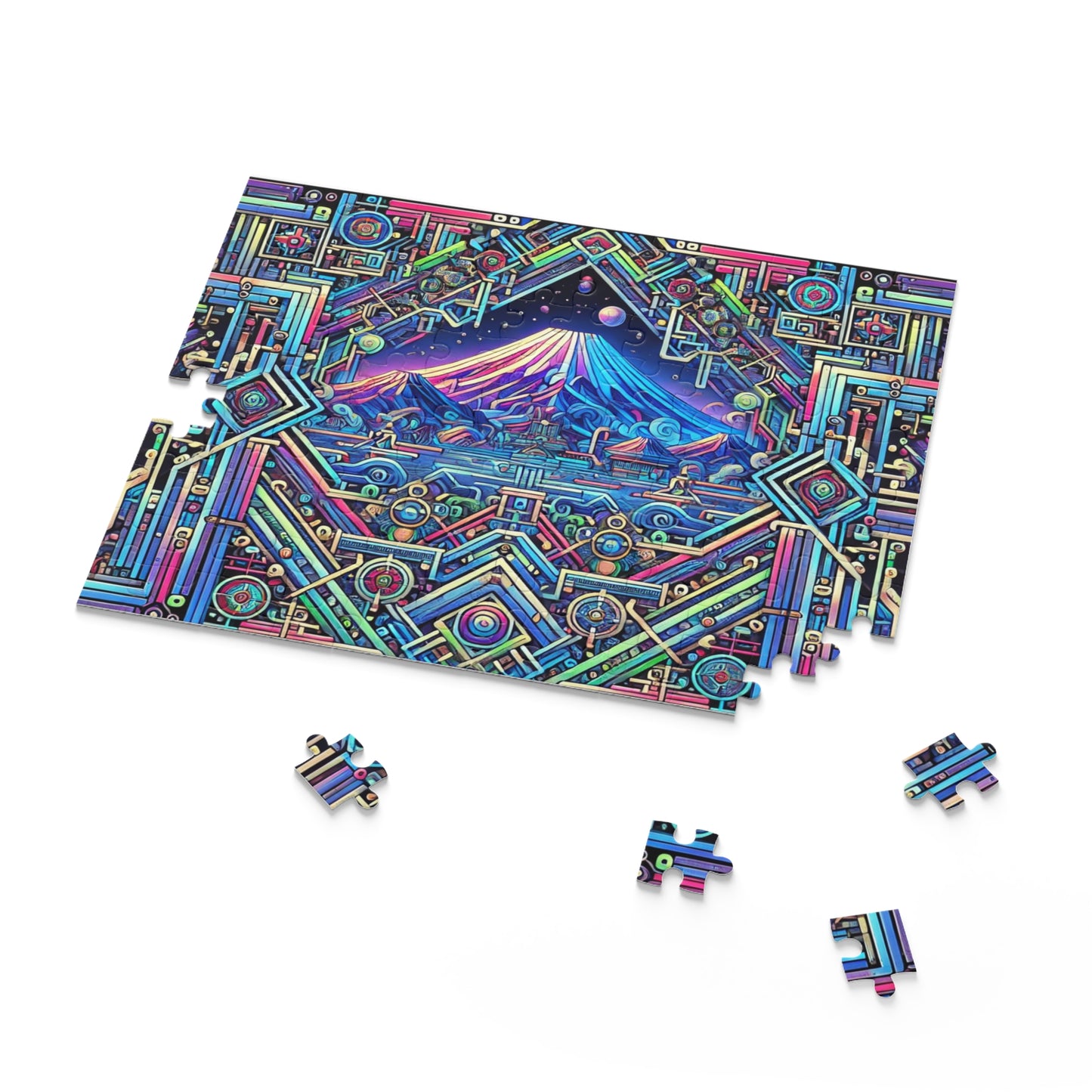 Neon x Geometric x Mt. Fuji! A super tricky puzzle with a cool sci-fi vibe-perfect brain workout for adults! 1000+ pieces of fun!