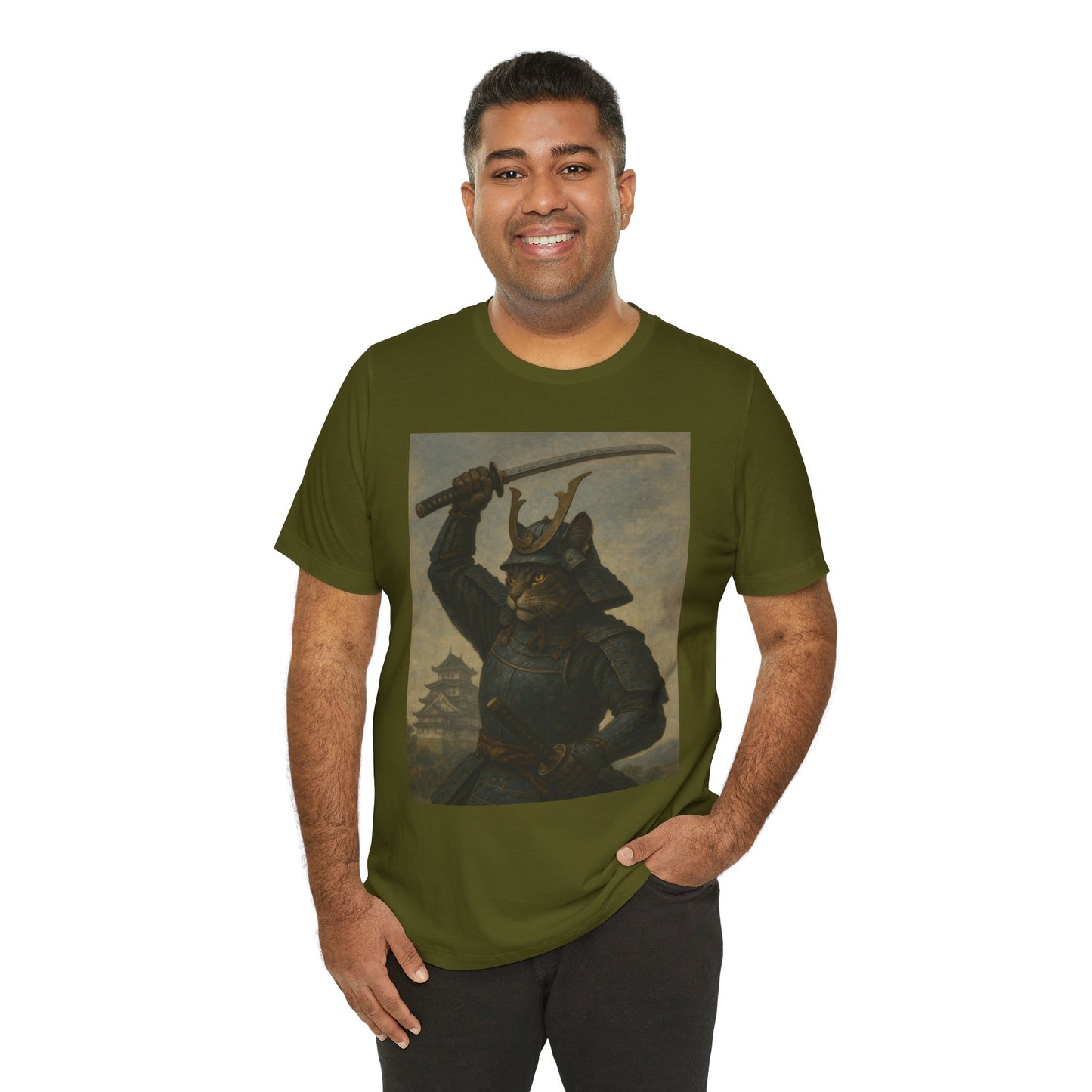 Cat Samurai Strike Tee | Epic Armored Feline Raising Katana | Japanese Warrior Art Unisex Shirt
