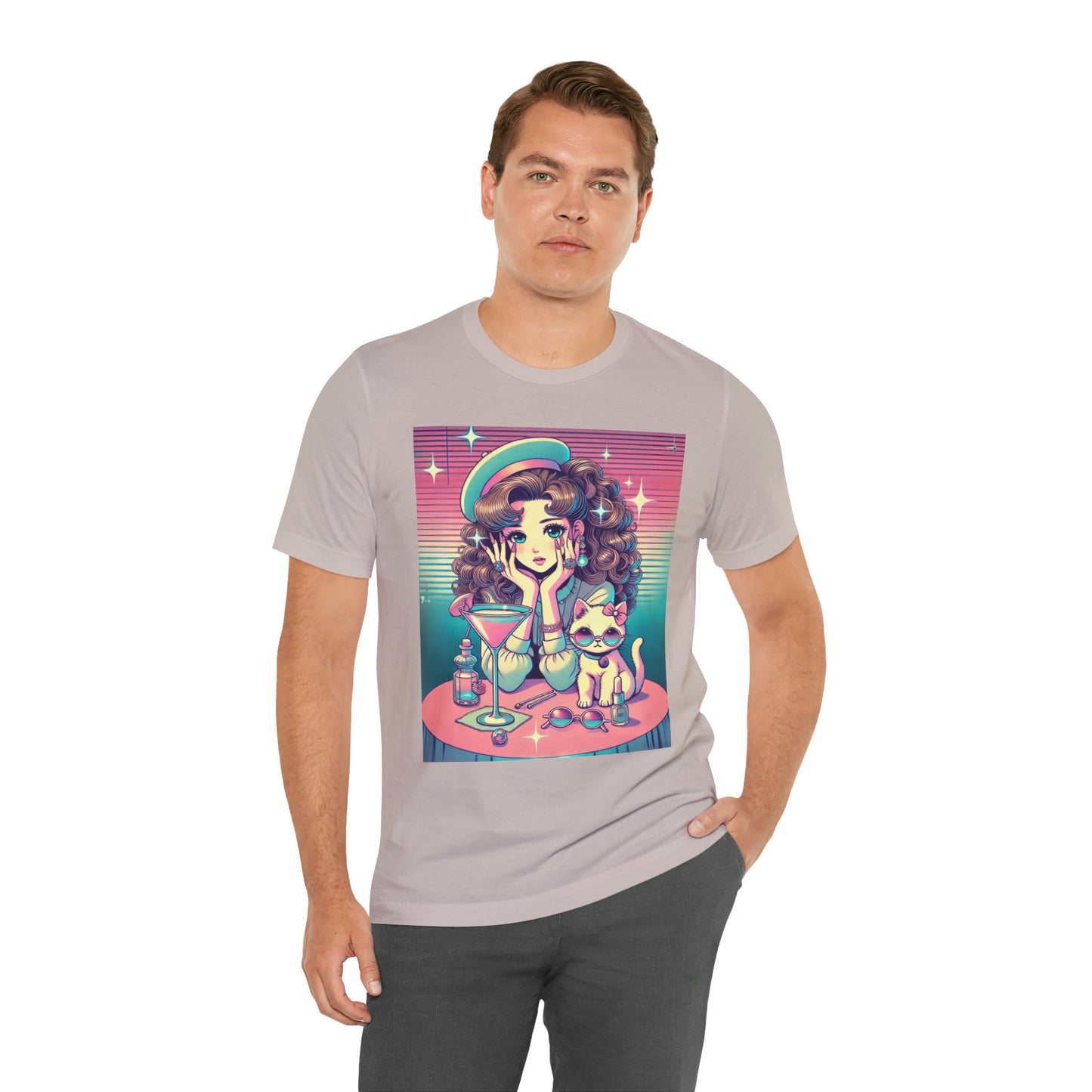 Retro Girl and Cat Graphic Tee Vaporwave Pastel Aesthetic Cocktail Lounge 80s Inspired Shoujo Style T Shirt Gift for Daughter or Dad