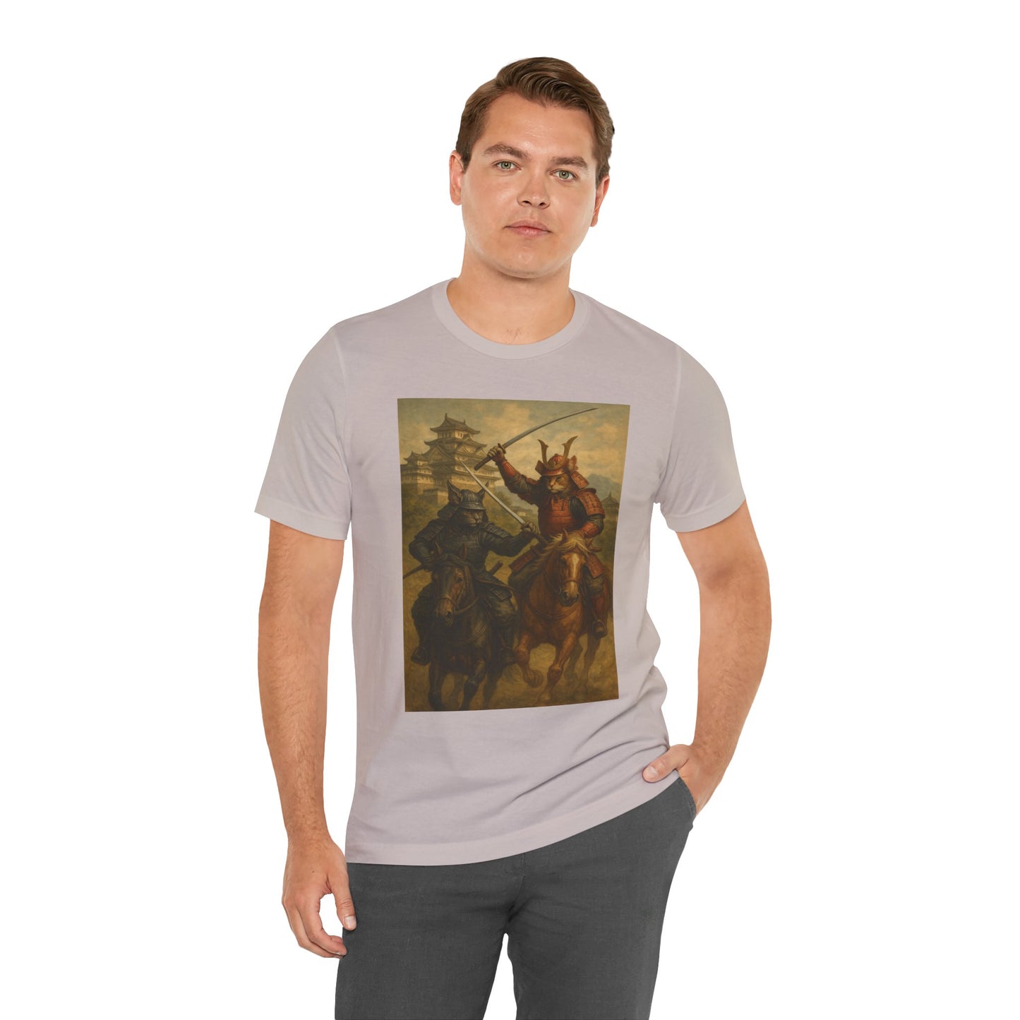Epic Cat Samurai Battle Tee - War Horses Clash in Front of Japanese Castle  Feline Warrior Art Shirt for Fantasy & Japan Lovers