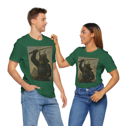 Cat Samurai Strike Tee | Epic Armored Feline Raising Katana | Japanese Warrior Art Unisex Shirt