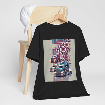 Cherry Blossom Convoy T-Shirt | Japanese Sakura x Modern Truck Art | Unique Graphic Tee for Drivers & Streetwear Lovers No.004