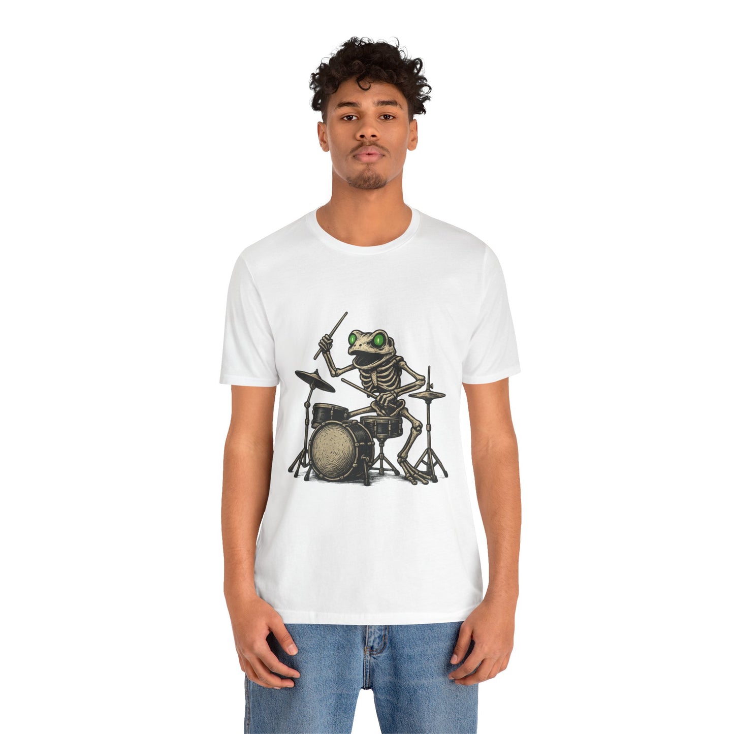 Skeleton Frog Drummer Shirt with Glowing Green Eyes Rock Band Art Tee for Musicians Frog Lovers Halloween and Concert Wear