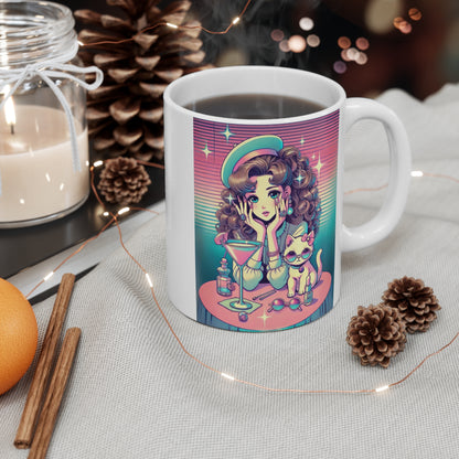Retro Girl and Cat Mug Vaporwave Pastel Anime Shoujo Style Coffee Cup Cocktail Lounge Aesthetic Cute Kawaii Gift for Daughter or Dad