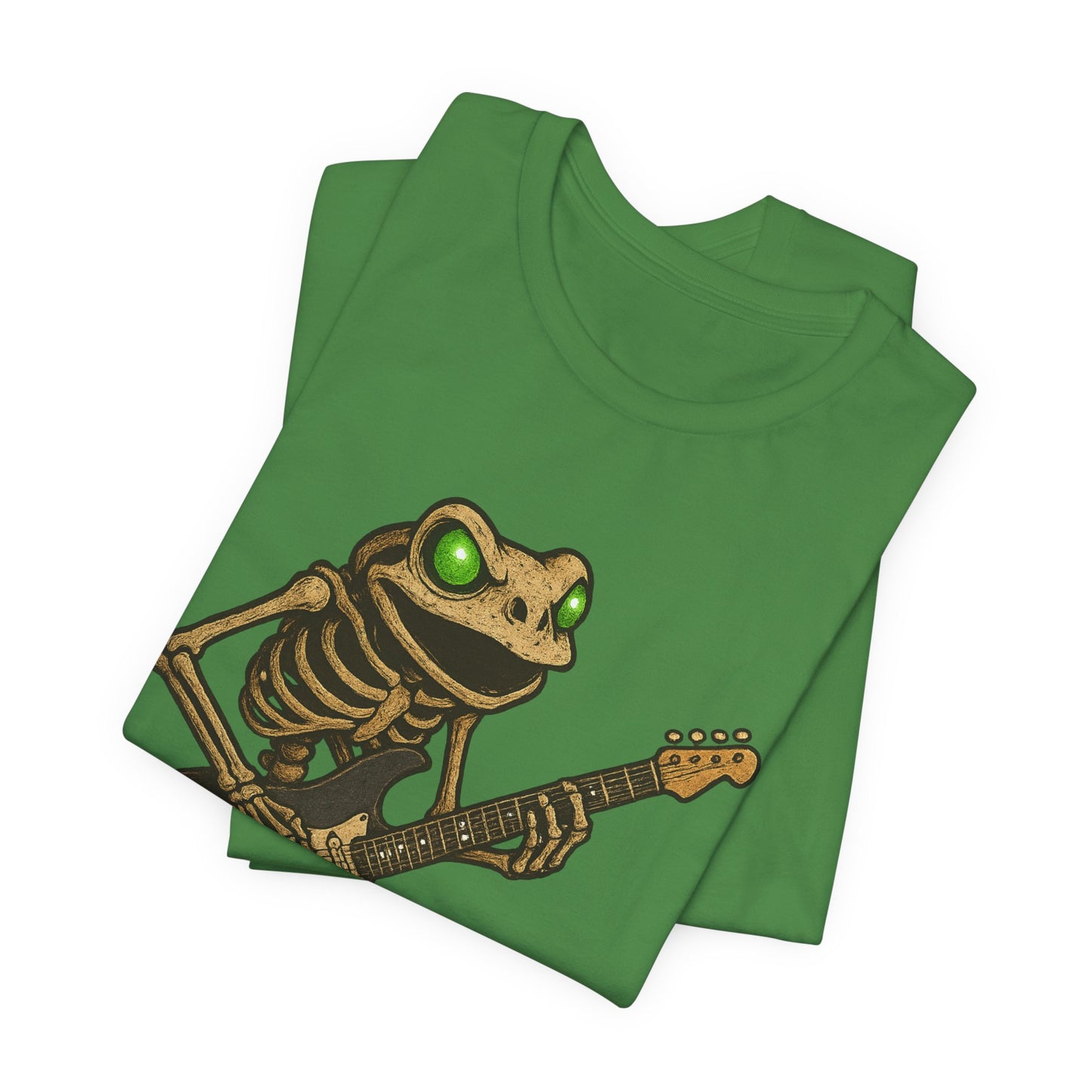 Skeleton Frog Shredding Electric Guitar Tee - Glowing Green Eyes Rock Art Shirt for Musicians Frog Lovers and Gothic Punk Style