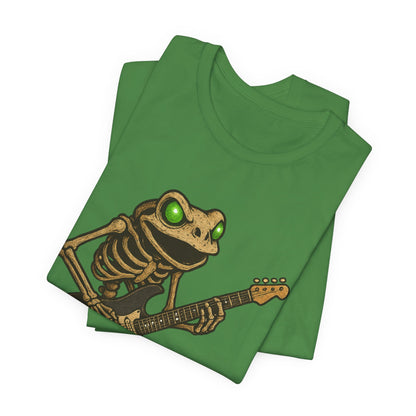 Skeleton Frog Shredding Electric Guitar Tee - Glowing Green Eyes Rock Art Shirt for Musicians Frog Lovers and Gothic Punk Style