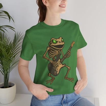Skeleton Frog Shredding Electric Guitar Tee - Glowing Green Eyes Rock Art Shirt for Musicians Frog Lovers and Gothic Punk Style