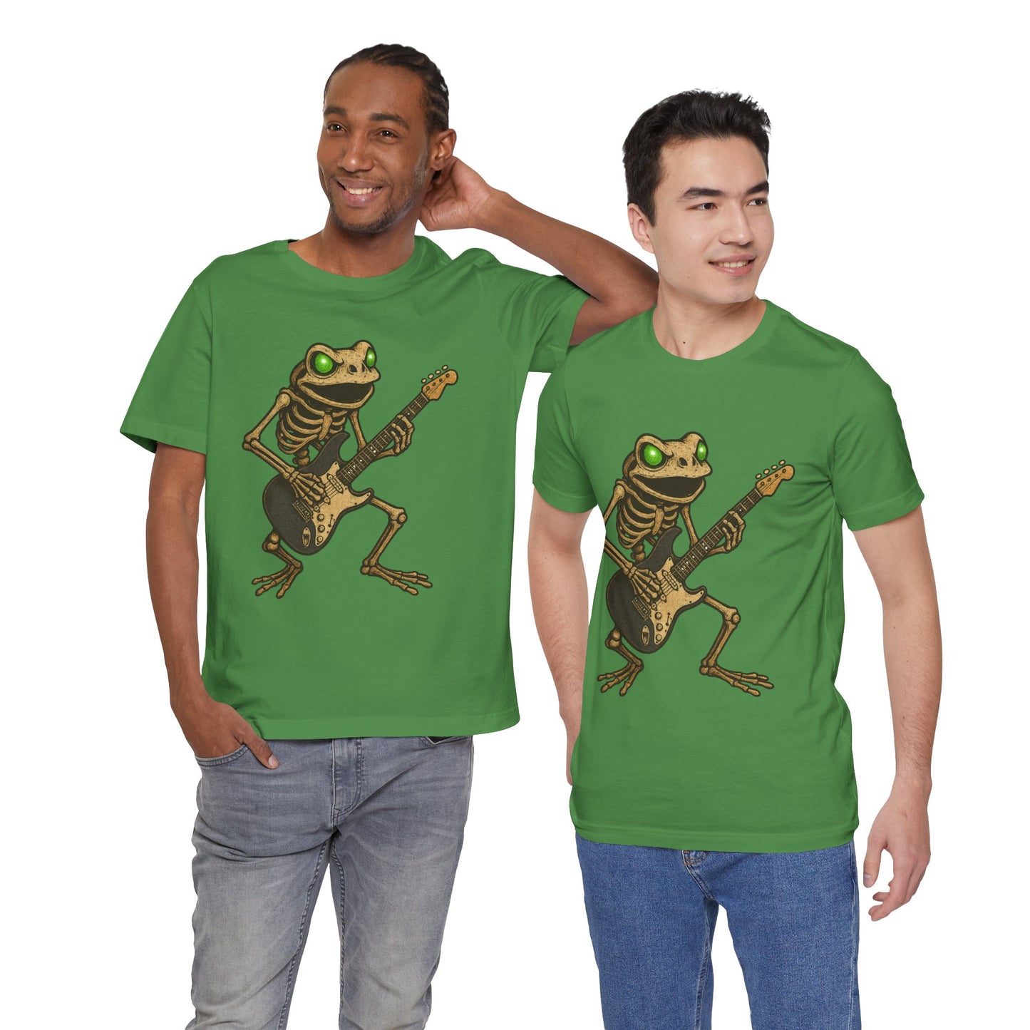 Skeleton Frog Shredding Electric Guitar Tee - Glowing Green Eyes Rock Art Shirt for Musicians Frog Lovers and Gothic Punk Style