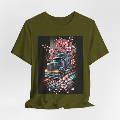 Cherry Blossom Convoy T-Shirt | Japanese Sakura x Modern Truck Art | Unique Graphic Tee for Drivers & Streetwear Lovers No.006