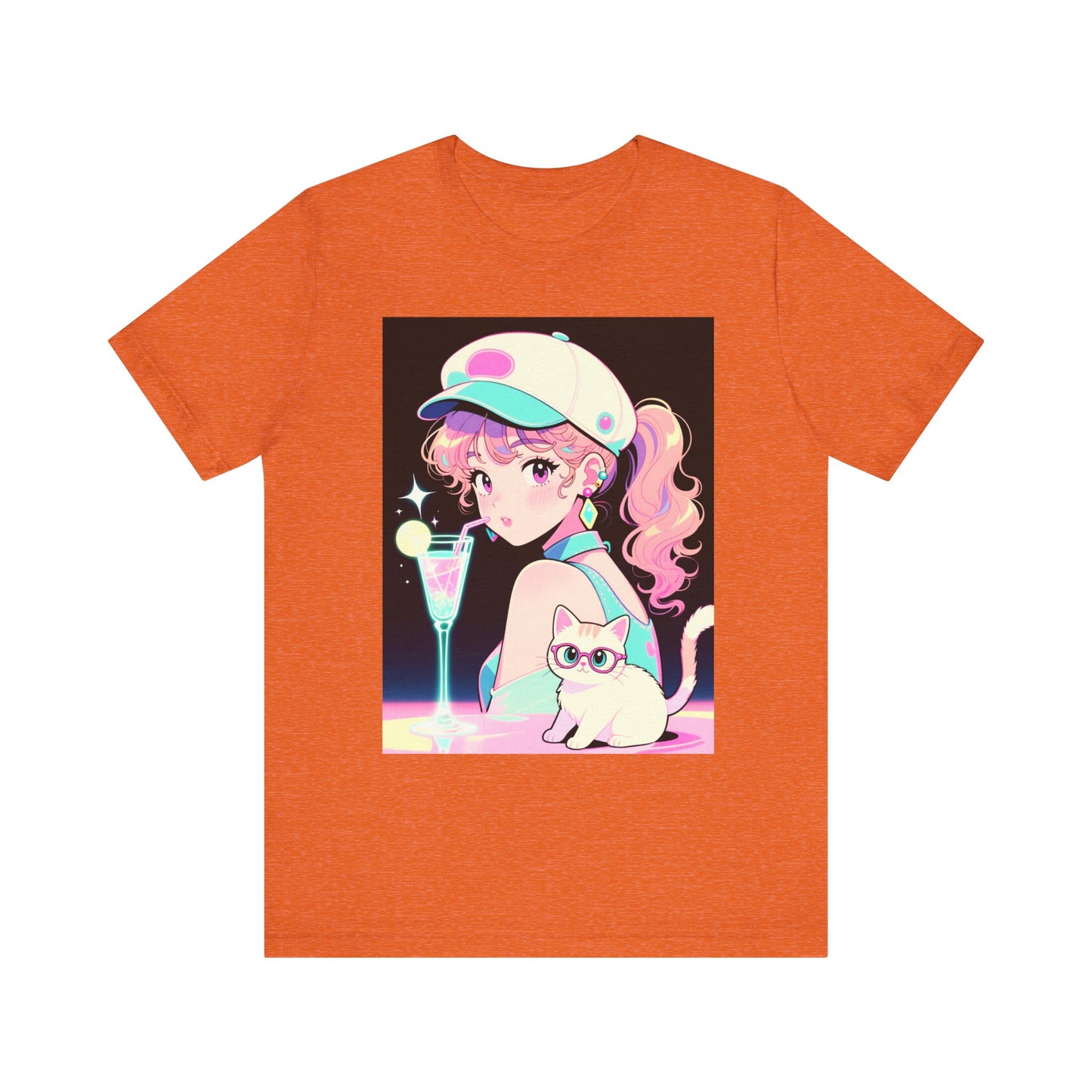 Retro Girl and Cat T Shirt Vaporwave Pastel Anime Shoujo Graphic Tee Neon Cocktail Aesthetic Kawaii Gift for Daughter or Dad Casual Streetwear