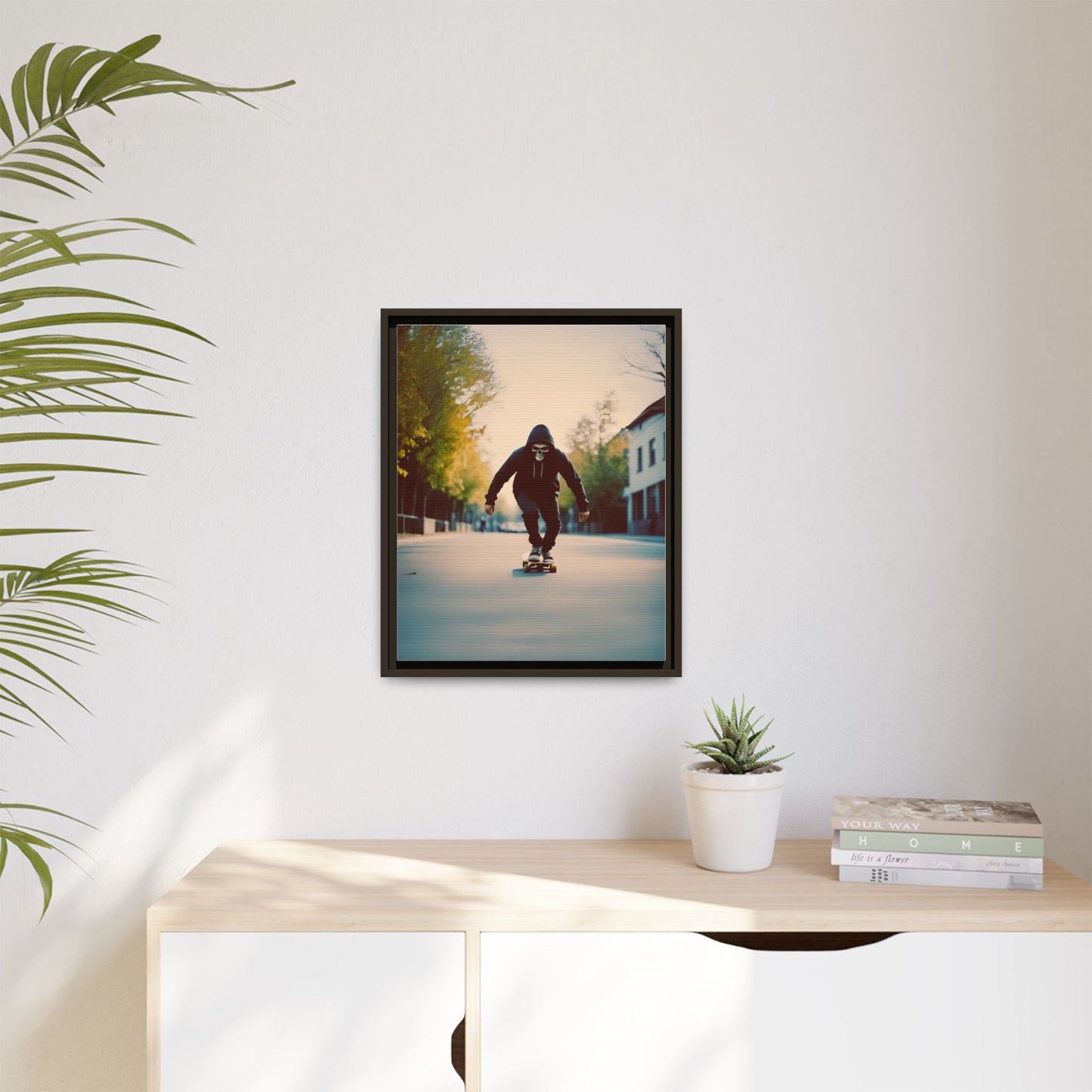 Skull Hoodie Skater Canvas Print Urban Street Art Skateboard Wall Decor Dawn Ride Gift for Dad Teen Room Gothic Vibe