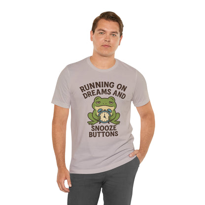 Running on Dreams and Snooze Buttons Shirt Sleepy Frog Tee Funny Night Owl Top Great Dad Gift Cozy Loungewear Aesthetic
