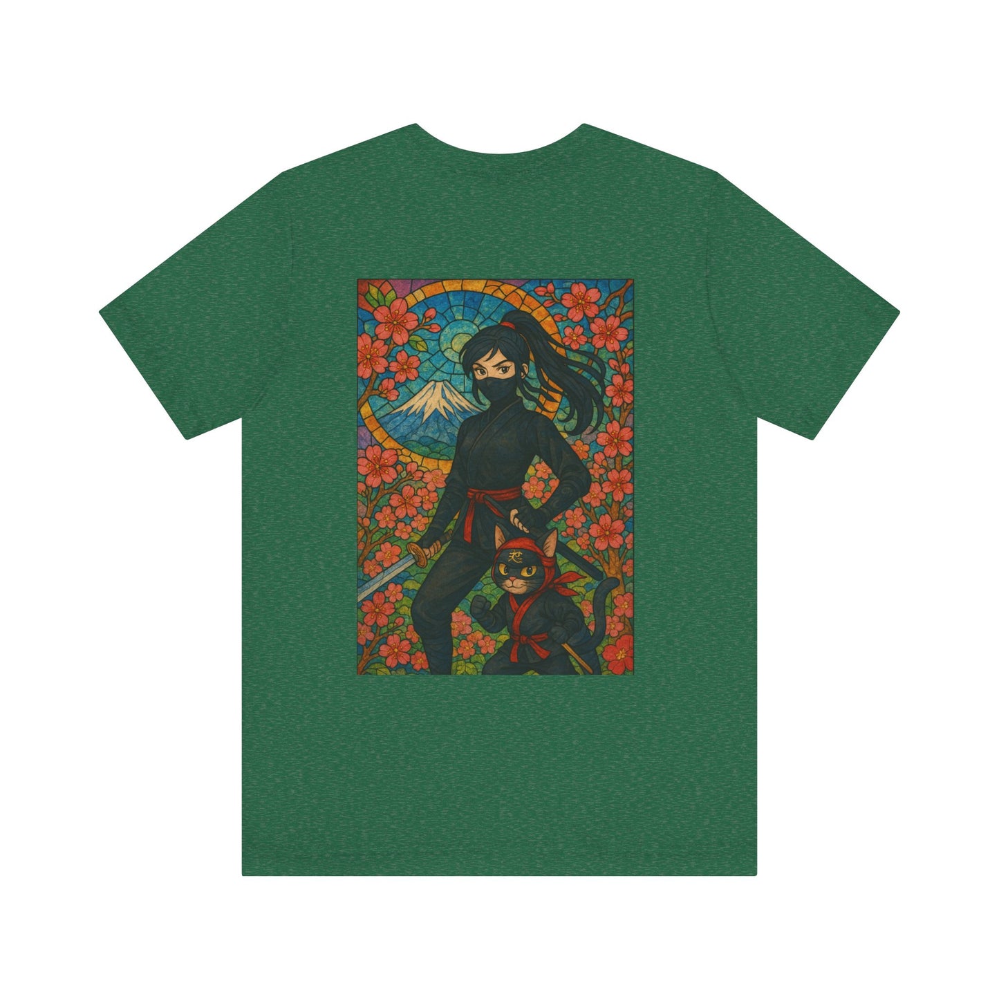 Ninja and Cat T-Shirt - Female Ninja in Black Outfit with Shuriken-Japanese Samurai Style, Mount Fuji, Cherry Blossoms-Cool Unisex Anime Tee