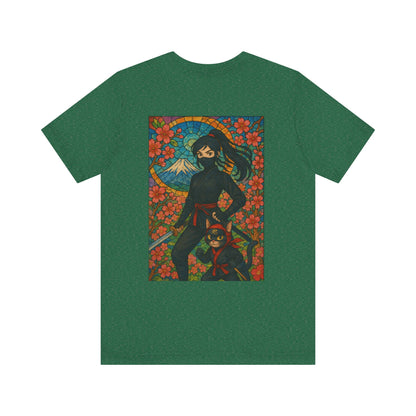 Ninja and Cat T-Shirt - Female Ninja in Black Outfit with Shuriken-Japanese Samurai Style, Mount Fuji, Cherry Blossoms-Cool Unisex Anime Tee