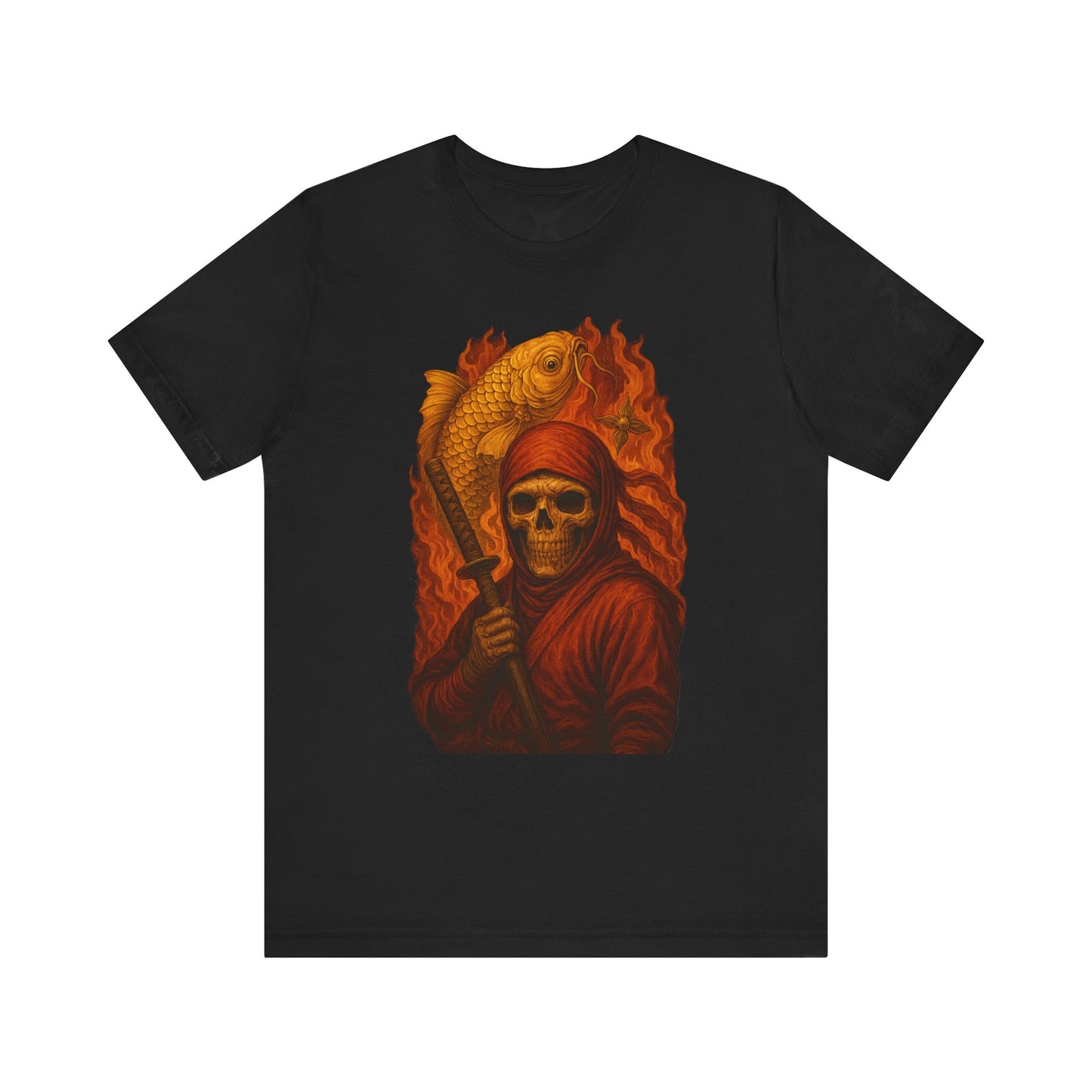i, High-Detail Gothic Warrior TeDark Red Ninja Skull T-Shirt-Japanese Horror Art, Skeleton Ninja with Golden Koe, Unisex Streetwear