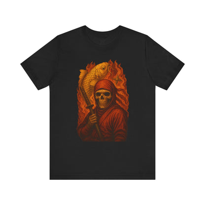 i, High-Detail Gothic Warrior TeDark Red Ninja Skull T-Shirt-Japanese Horror Art, Skeleton Ninja with Golden Koe, Unisex Streetwear