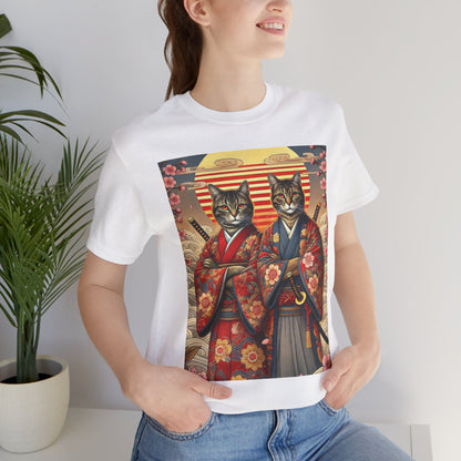 Samurai Cat T-Shirt - Floral Kimono Warrior with Katana | Japanese Ukiyo-e Style, Cherry Blossoms & Mount Fuji | Bold Cat Art Tee