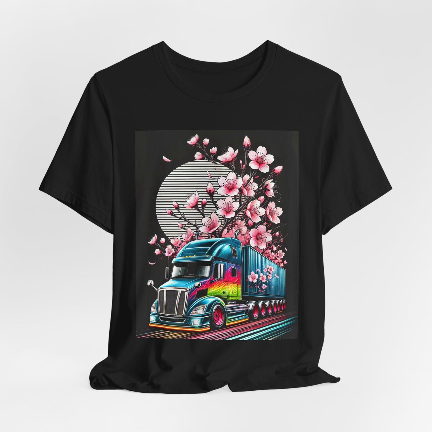 Cherry Blossom Convoy T-Shirt | Japanese Sakura x Modern Truck Art | Unique Graphic Tee for Drivers & Streetwear Lovers No.003