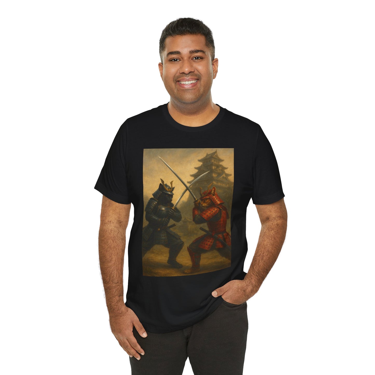 Epic Cat Samurai Battle Tee - War Horses Clash in Front of Japanese Castle  Feline Warrior Art Shirt for Fantasy & Japan Lovers