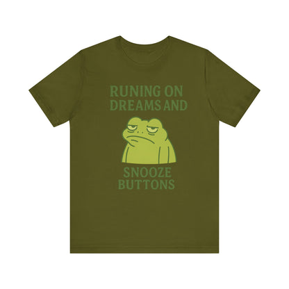 Running on Dreams and Snooze Buttons Shirt Sleepy Frog Tee Funny Night Owl Top Great Dad Gift Cozy Loungewear Aesthetic