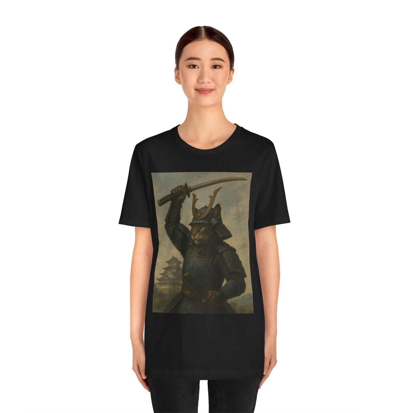 Cat Samurai Strike Tee | Epic Armored Feline Raising Katana | Japanese Warrior Art Unisex Shirt