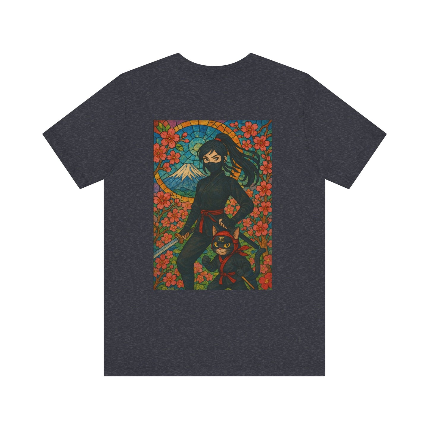 Ninja and Cat T-Shirt - Female Ninja in Black Outfit with Shuriken-Japanese Samurai Style, Mount Fuji, Cherry Blossoms-Cool Unisex Anime Tee