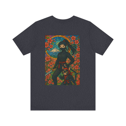 Ninja and Cat T-Shirt - Female Ninja in Black Outfit with Shuriken-Japanese Samurai Style, Mount Fuji, Cherry Blossoms-Cool Unisex Anime Tee