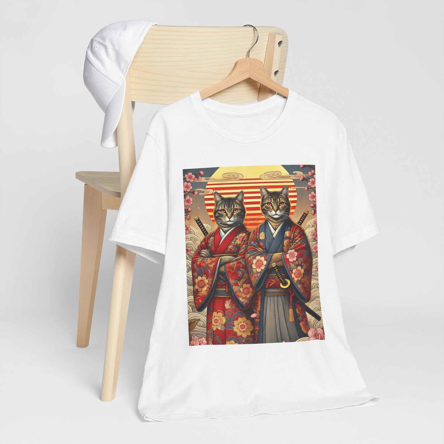 Samurai Cat T-Shirt - Floral Kimono Warrior with Katana | Japanese Ukiyo-e Style, Cherry Blossoms & Mount Fuji | Bold Cat Art Tee
